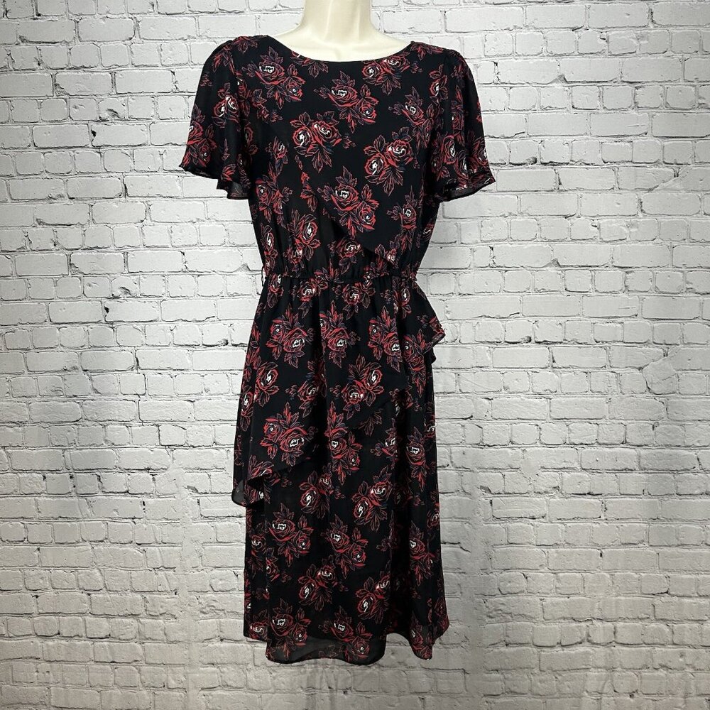VTG Sheena Black Floral Elastic Waist Short Sleeve Midi Dress USA Size 11/12